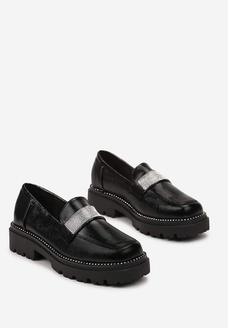 Czarne Mokasyny z Paskiem w Cyrkonie i Wkładką ze Skóry Naturalnej Gandes