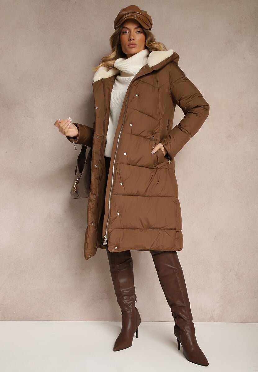 Brązowa Długa Kurtka Pikowana z Kapturem Wiązana w Pasie Neanethra