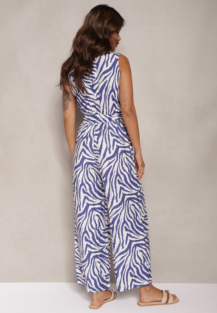 Niebieski Kombinezon z Wiskozy z Gumką w Talii Guzikami i Wiązanym Paskiem Davivia