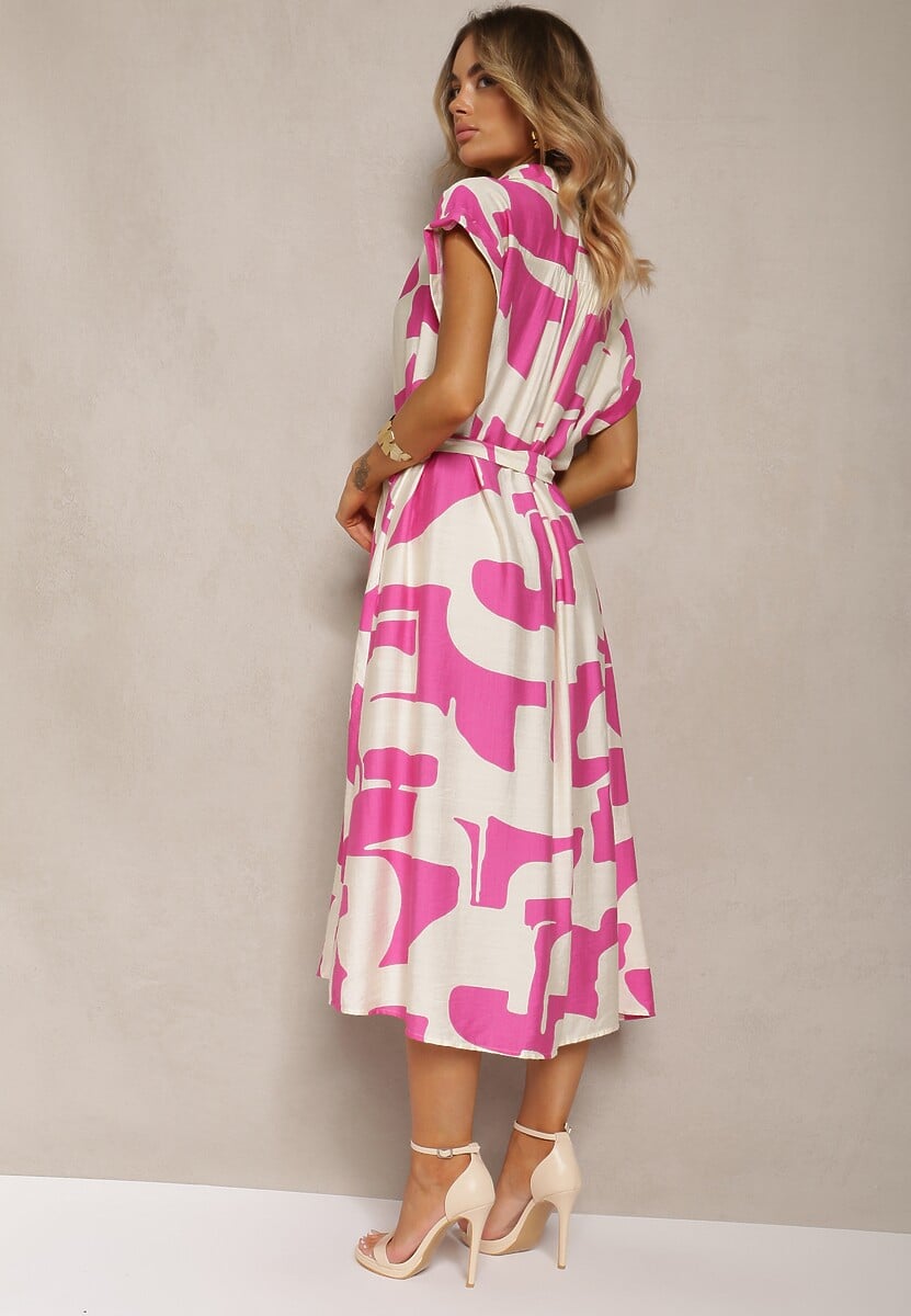 Różowo-Biała Sukienka o Koszulowym Kroju z Materiałowym Paskiem w Talii w Kolorowy Print Hilefia