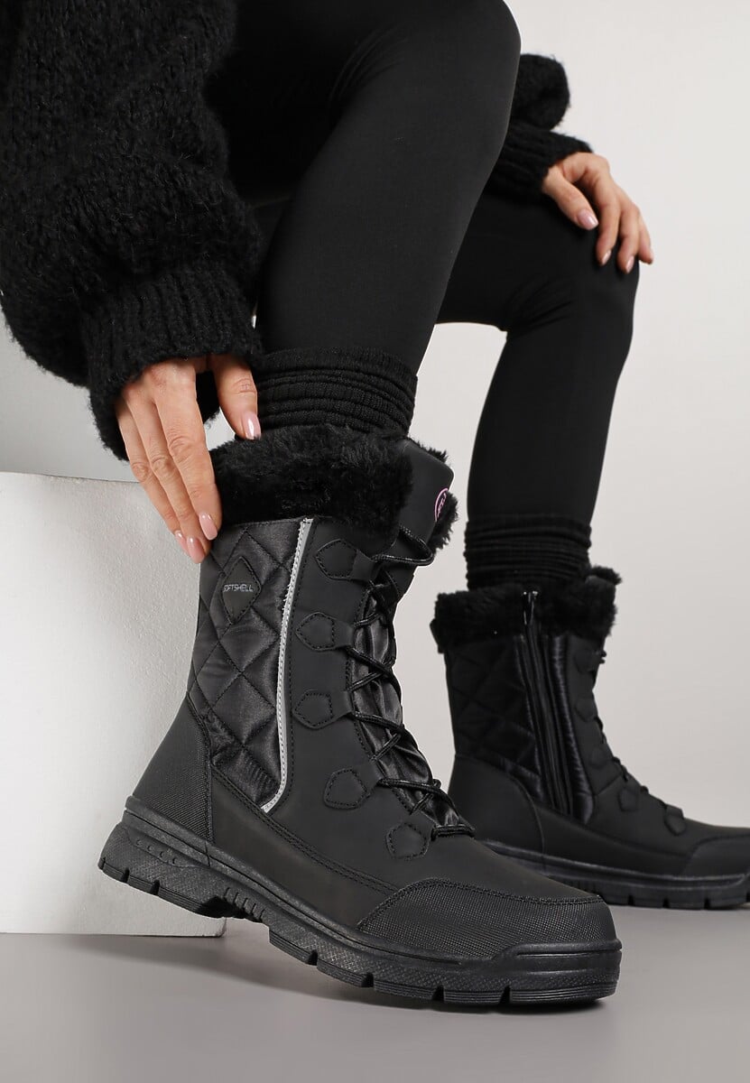 Czarne Śniegowce z Pikowanym Przeszyciem i Futerkiem na Grubej Podeszwie Amartina