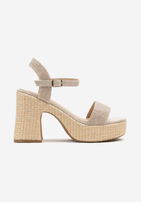 Ciemnobeżowe Sandały na Słupkowym Obcasie z Plecionką w Stylu Boho Reliora