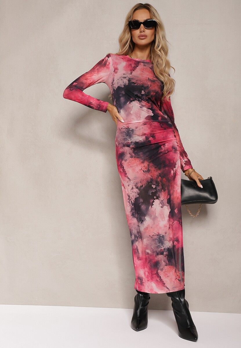 Fuksjowa Siateczkowa Sukienka Bodycon w Marmurkowy Wzór z Rozcięciem na Dole Valerimes