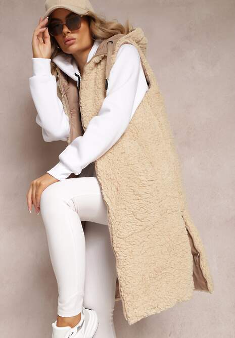 Ciemnobeżowa Dwustronna Kamizelka Pikowana z Futerkiem Madalan