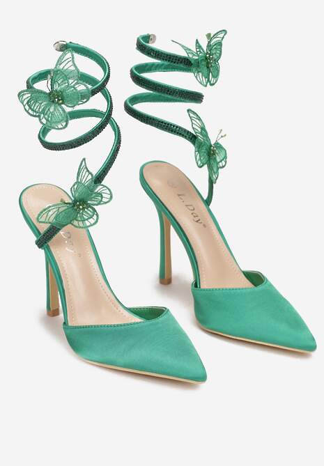 Zielone Sandały na Szpilce z Cyrkoniami i Motylkami Eevi