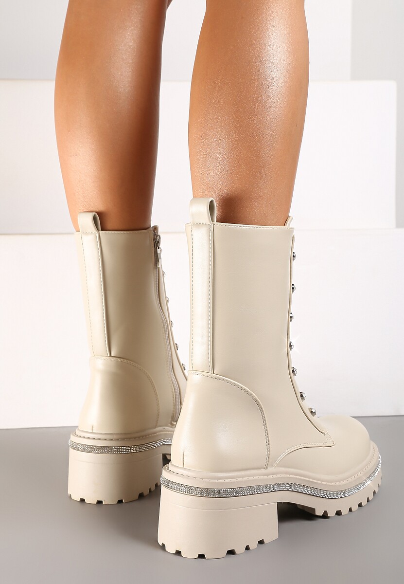 Beżowe Botki Workery na Platformie Ozdobione Cyrkoniami Zinetta