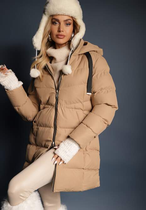 Ciemnobeżowa Kurtka Pikowana o Długim Kroju z Kapturem i Suwakiem Dwukierunkowym Naomira