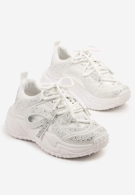 Białe Sneakersy z Cyrkoniami i Ozdobnym Sznurowaniem Sorvea