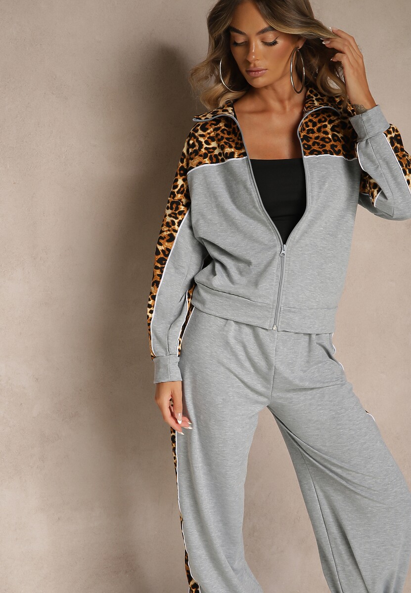 Czarny Komplet Dresowy z Panterkowymi Wstawkami Bluza i Spodnie Wide Leg Redrie