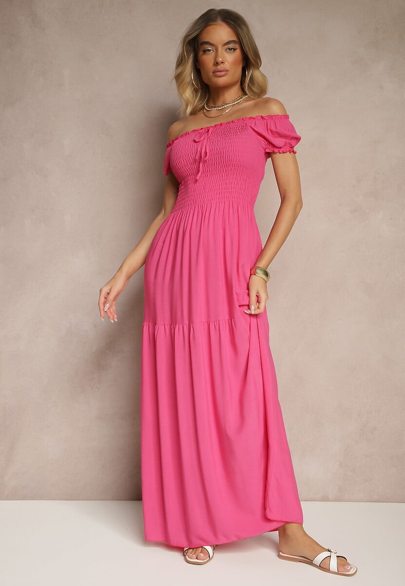 Niebieska Sukienka z Wiskozy w Stylu Hiszpanki Ozdobiona Marszczeniem Jenalena