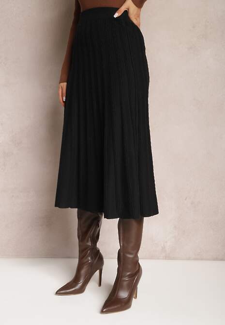 Czarna Dzianinowa Spódnica Trapezowa Midi Arion