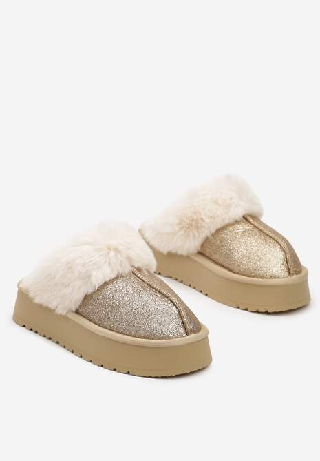 Złote Brokatowe Kapcie na Platformie Ozdobione Futerkiem Innavellea