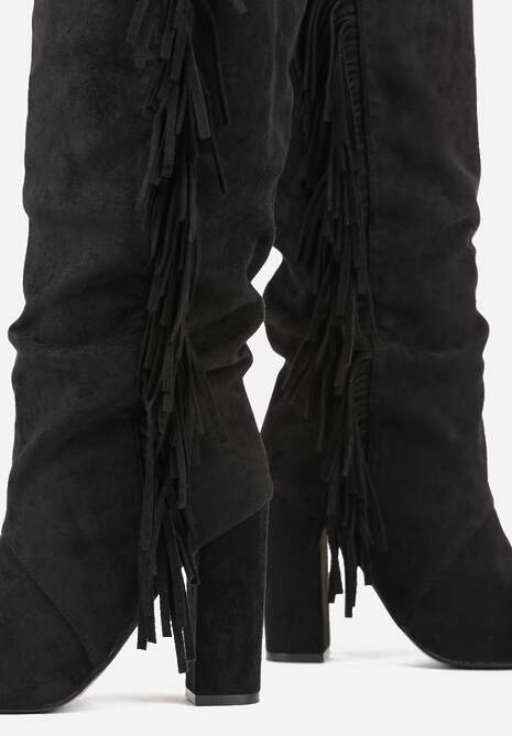 Czarne Kozaki Kowbojki na Słupku z Frędzlami na Cholewce Badina