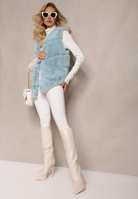 Jasnoniebieska Kamizelka z Futerkiem i Przeszyciami Iraau