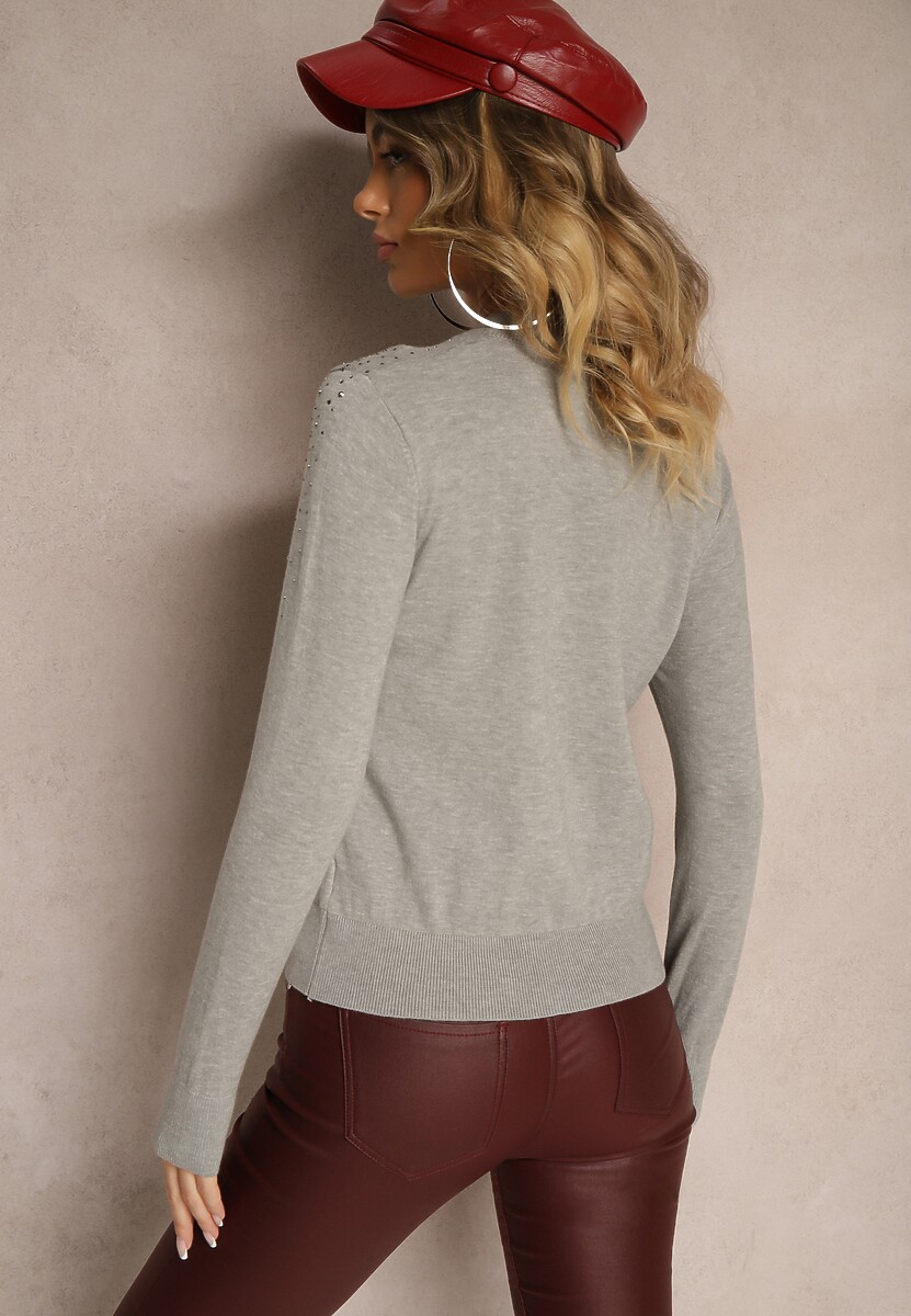 Szary Casualowy Sweter z Wiskozą z Ozdobnymi Detalami z Cyrkonii Edaloriae