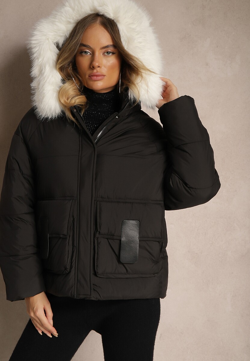 Czarna Kurtka z Kieszeniami i Odpinanym Kołnierzem z Futerka Nomilaine