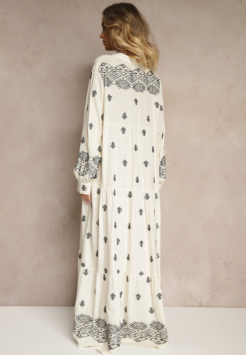 Biało-Czarna Rozkloszowana Sukienka Ozdobiona Haftem i Wzorem Boho Ronavere