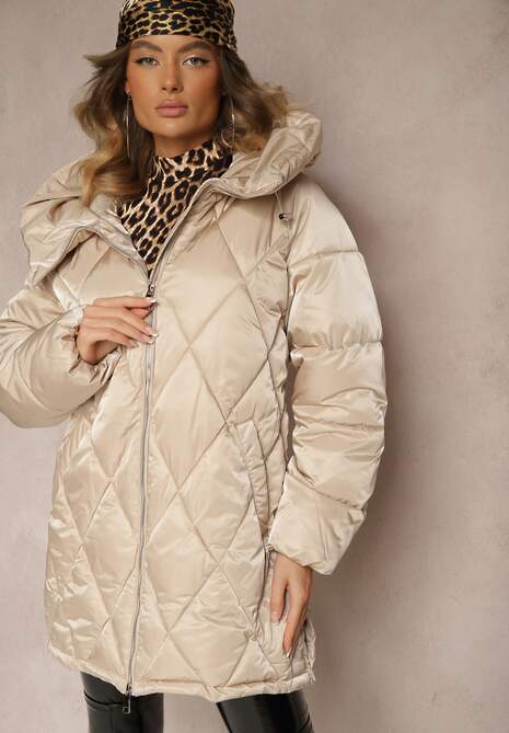 Jasnobeżowa Kurtka Pikowana z Kapturem i Rozcięciami Zapinanymi na Napy Etarenea