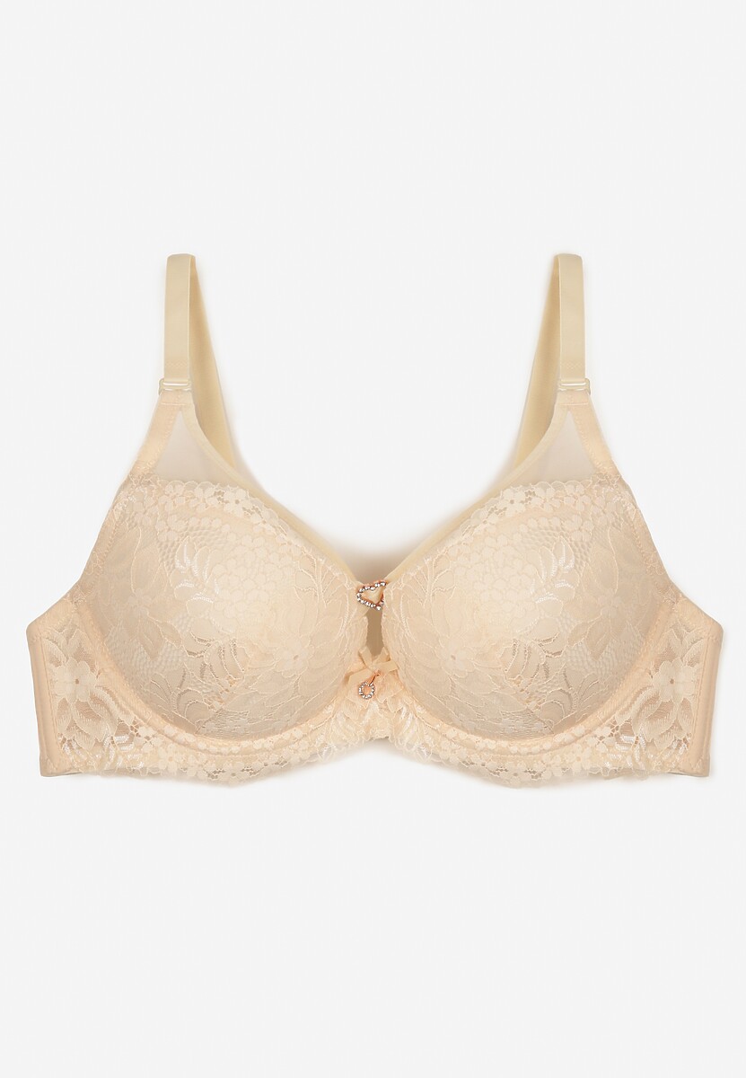 Beżowy Koronkowy Biustonosz z Przezroczystymi Wstawkami Temorina