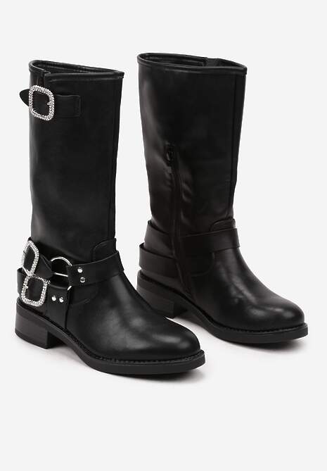 Czarne Botki na Płaskiej Podeszwie Bikery Ozdobione Klamrami i Cyrkoniami Arfonia