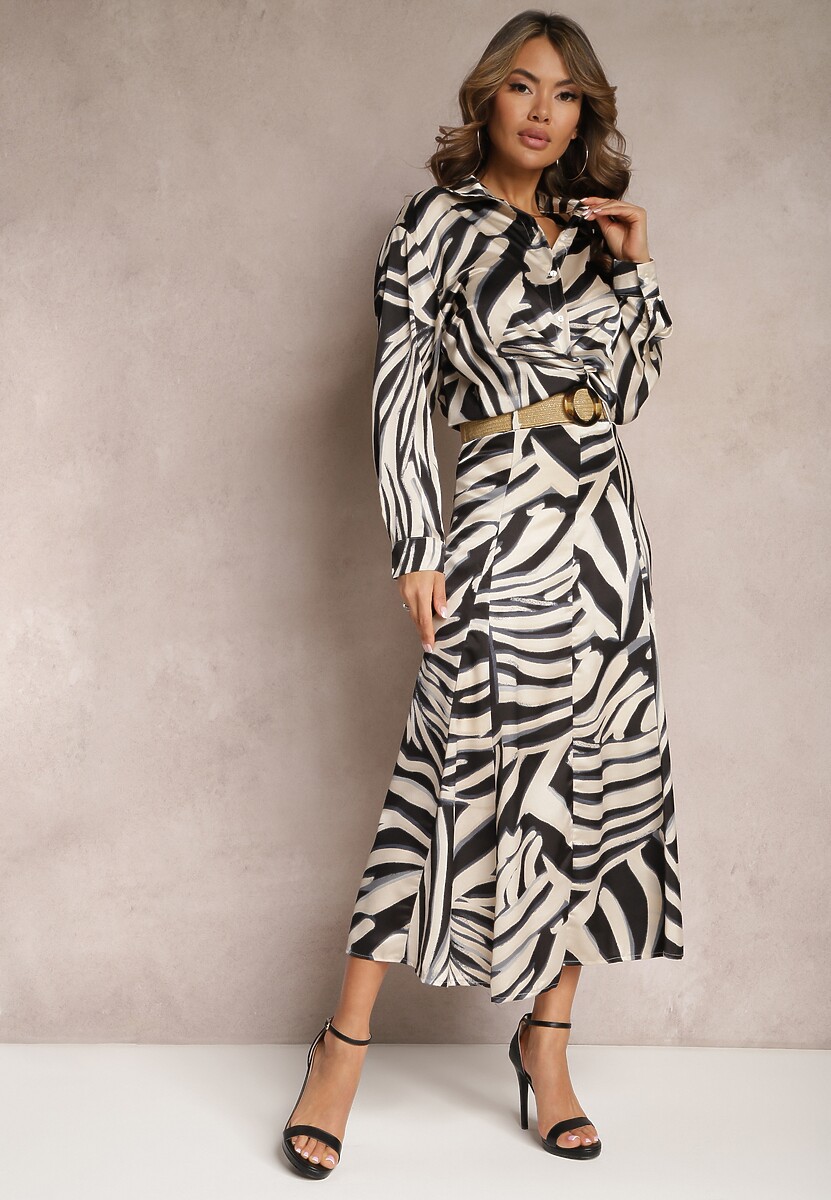 Zielono-Beżowa Długa Spódnica z Plecionym Paskiem Ozdobiona Animal Printem Gabas