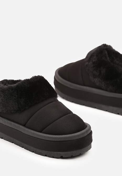 Czarne Niskie Śniegowce Ekozamszowe na Platformie z Pikowaniem i Futerkiem Realira