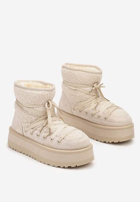 Beżowe Śniegowce na Platformie Wykończone Sztucznym Futerkiem Terilani