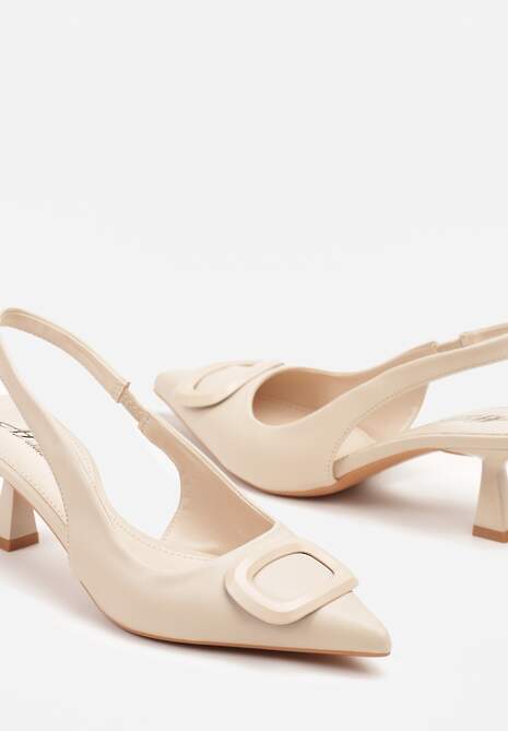 Beżowe Sandały na Szpilce Kaczuszce Slingback z Geometryczną Aplikacją Melanoriel