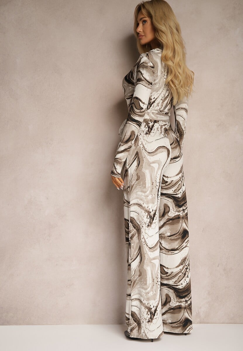 Beżowo-Brązowy Długi Kombinezon Wiązany w Pasie z Abstrakcyjnym Printem All-Over Saiven