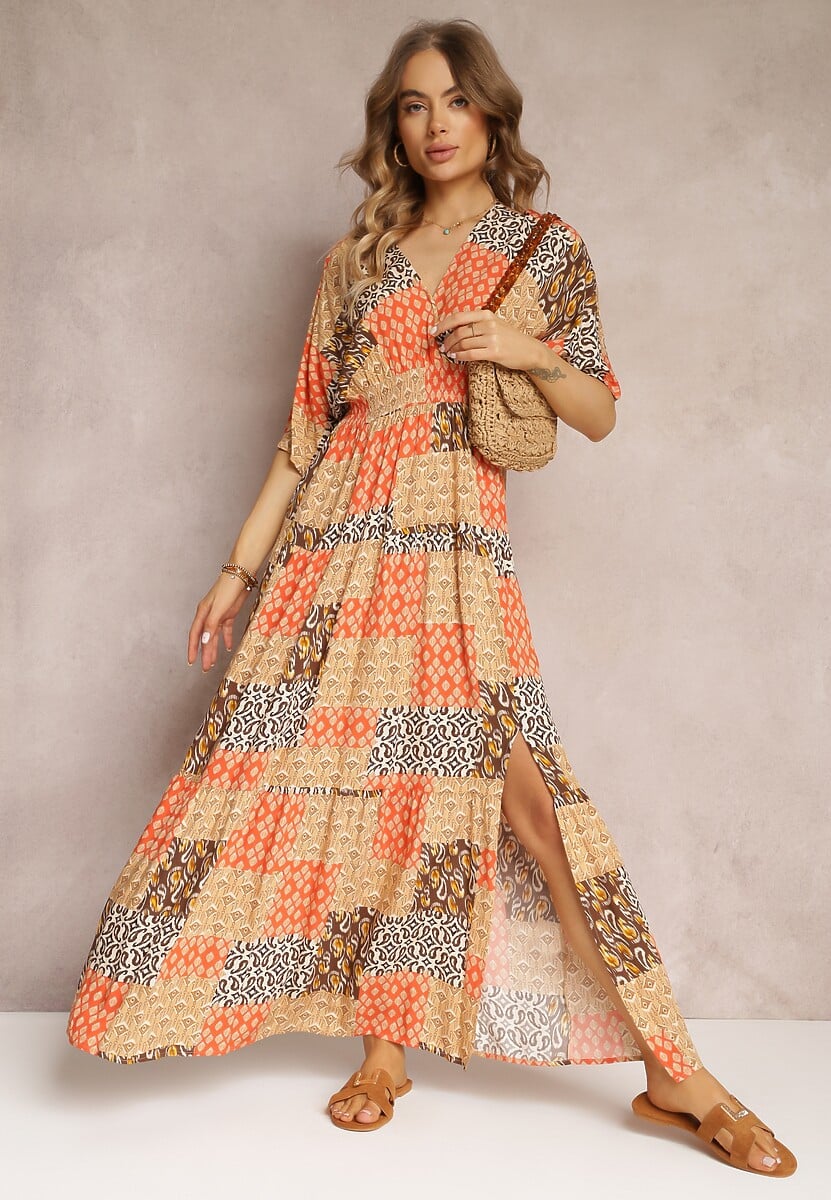 Pomarańczowa Sukienka Maxi z Krótkim Rękawem i Gumkami w Talii z Wiskozy Aveda