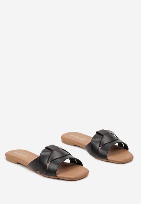 Czarne Klapki na Płaskiej Podeszwie z Przeplatanymi Paskami Vinera