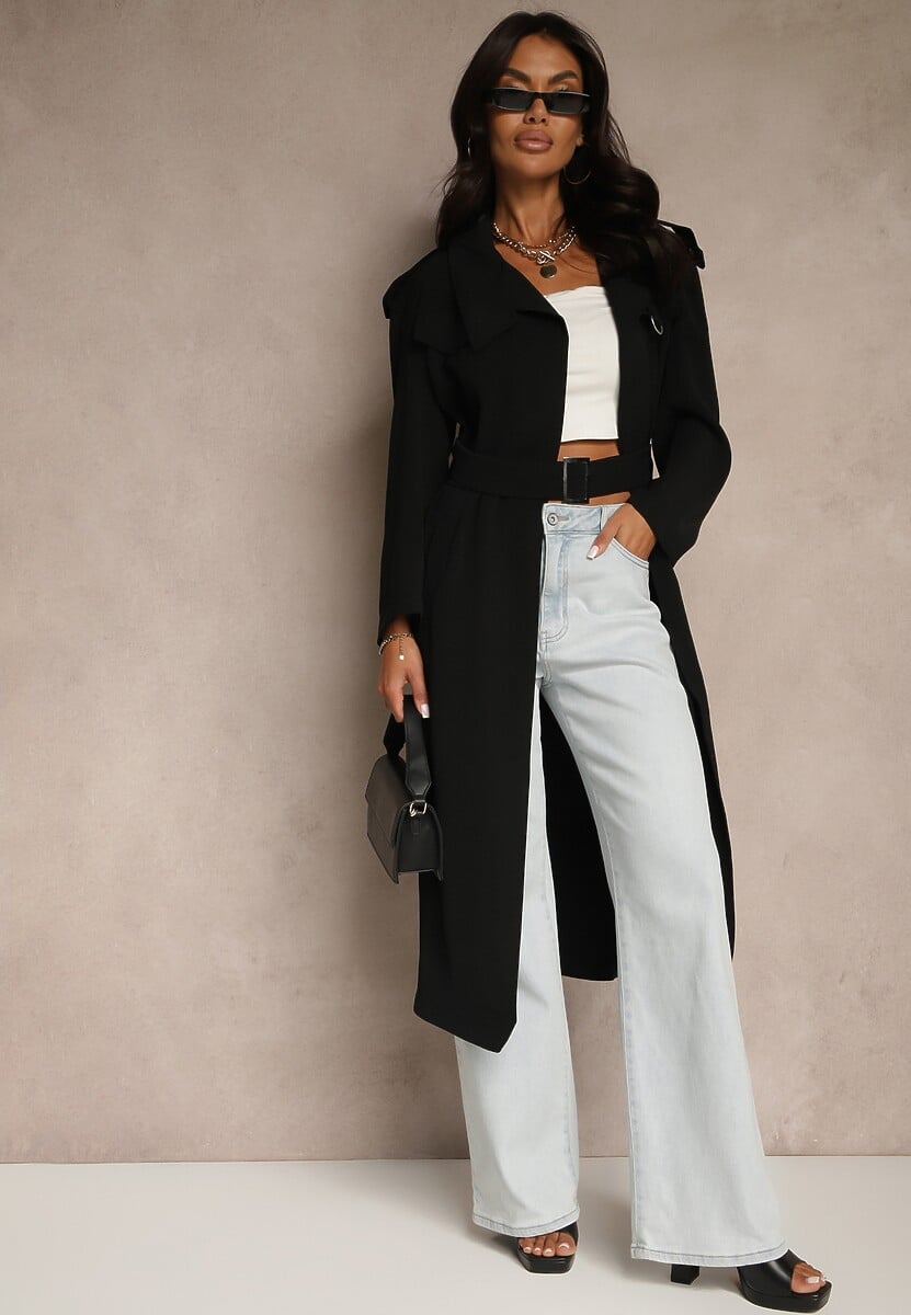 Czarny Płaszcz Jednorzędowy Trencz z Paskiem w Talii Mavinisse