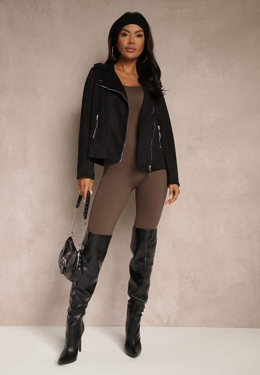 Czarna Asymetryczna Kurtka Ramoneska  z Imitacji Zamszu Kmiya