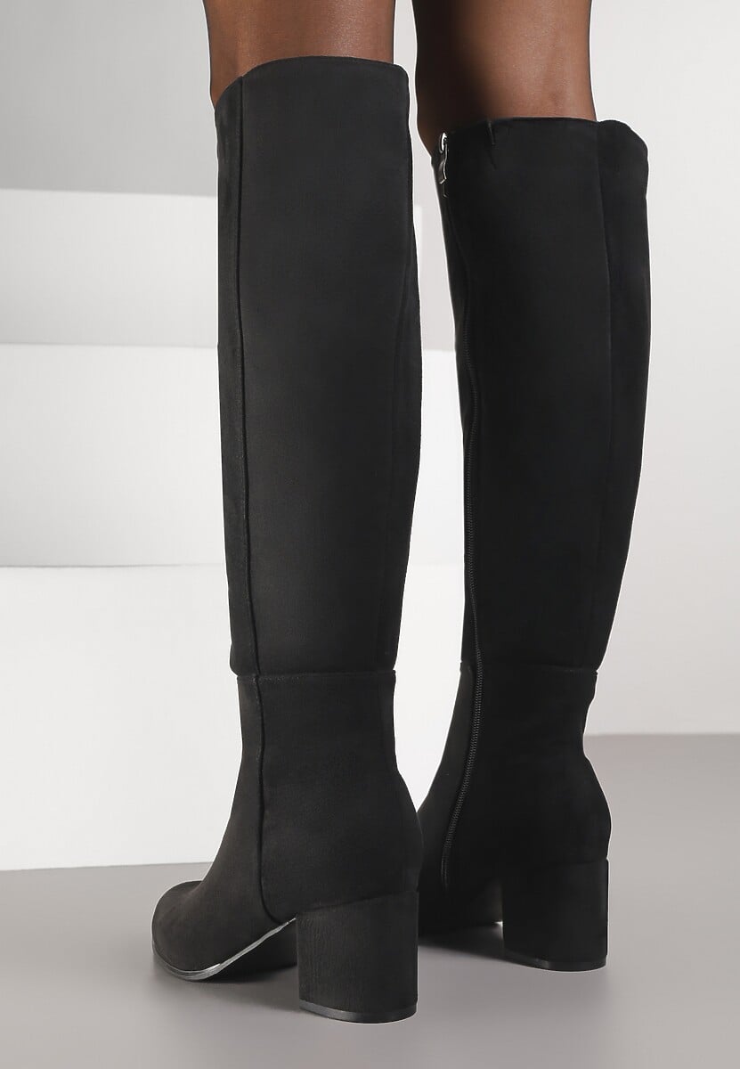 Czarne Kozaki Vices z Imitacji Zamszu na Niskim Obcasie Typu Słupek Ilovea