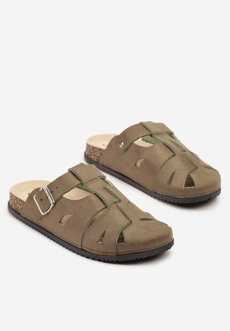 Zielone Klapki w Stylu Chodaków Zdobione Wycięciami Wisae