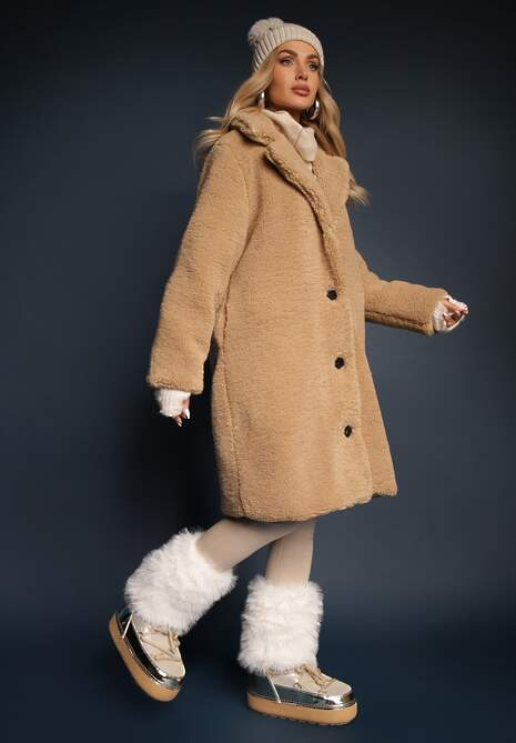 Beżowy Płaszcz Futrzany Teddy Karli