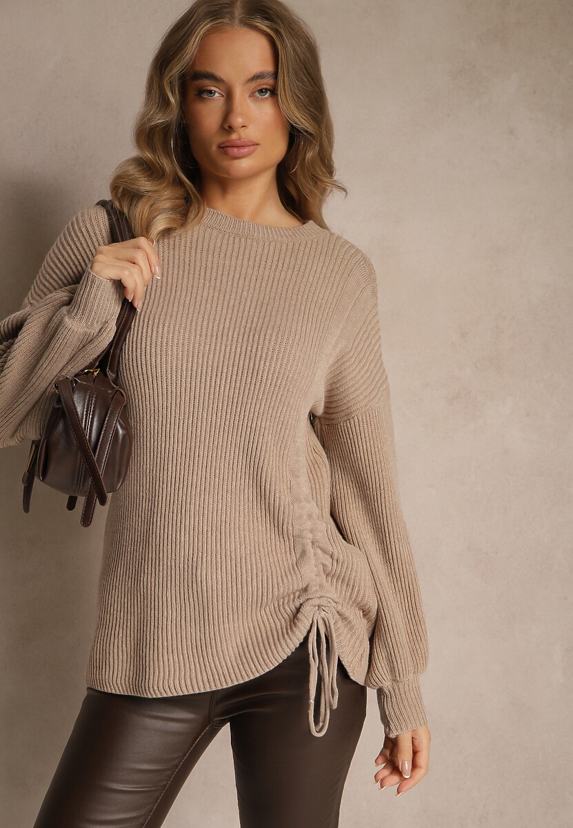 Beżowy Sweter z Wiskozą o Prostym Kroju z Bocznym Ściągaczem Tivadella