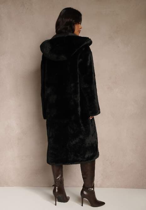 Czarny Płaszcz z Pluszowego Futerka z Kapturem Zereva
