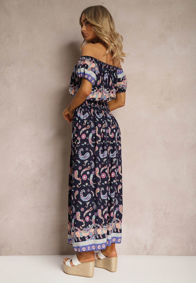 Granatowa Letnia Sukienka z Bawełny o Fasonie Hiszpanki z Gumką w Pasie i Wzorem Paisley Delsina