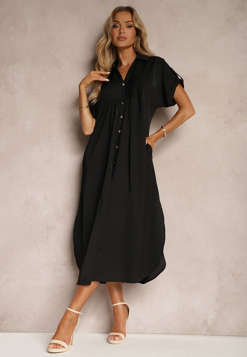 Beżowa Koszulowa Sukienka z Podwijanymi Rękawami Zapinana na Guziki Moarielle