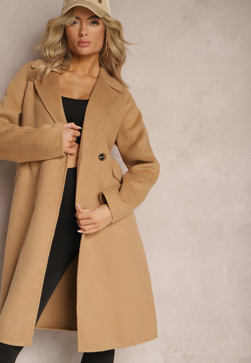 Jasnobrązowy Klasyczny Płaszcz z Wiązaniem Deneris