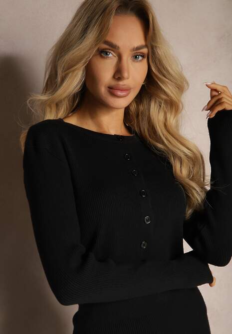 Czarny Komplet Prążkowany z Bawełną Dopasowana Spódnica Top i Kardigan na Guziki Daisanne