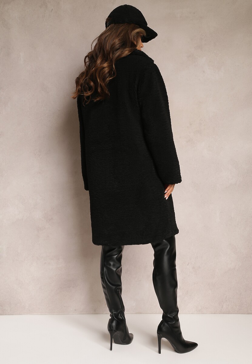 Czarny Płaszcz Oversize z Pluszowego Futerka z Czapką Jillo