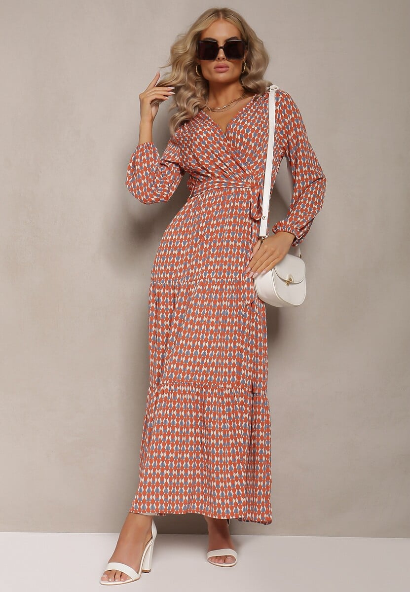 Pomarańczowa Sukienka z Kopertowym Dekoltem i Falbaną na Dole Ive