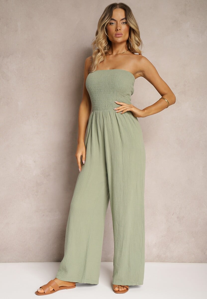 Beżowy Kombinezon z Bawełny z Długimi Nogawkami Ozdobiony Marszczoną Górą Moraena