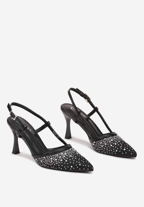 Czarne Czółenka na Obcasie z Odkrytą Piętą Zdobione Cyrkoniami Jenamia