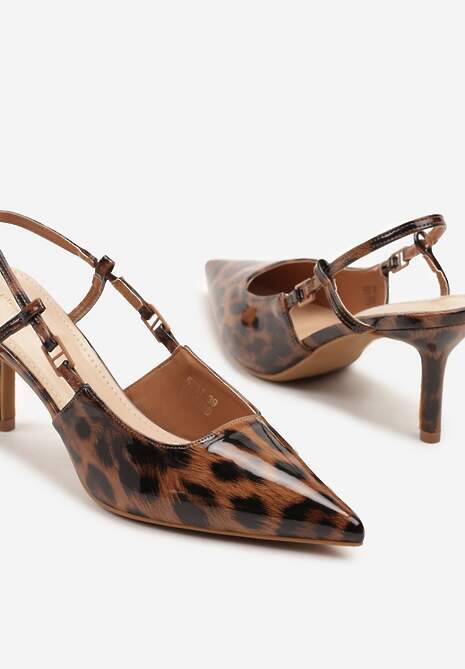 Panterkowe Lakierowane Sandały na Szpilce ze Spiczastym Noskiem Odelna