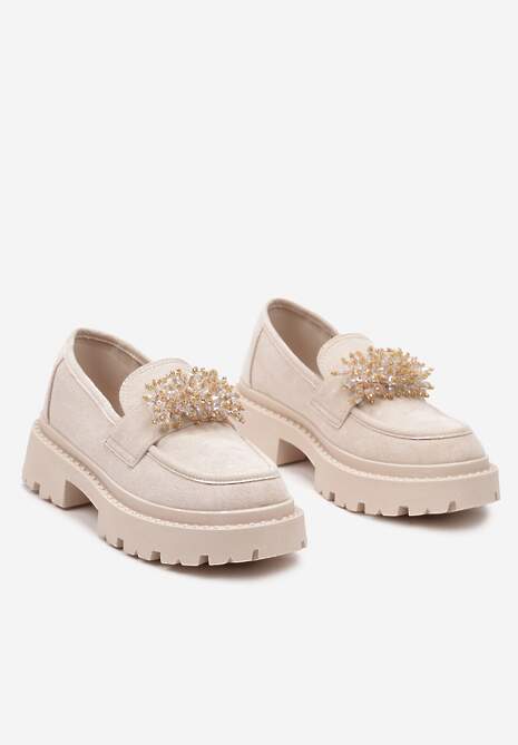 Beżowe Mokasyny z Aplikacją z Biżuteryjnych Koralików Viatalia