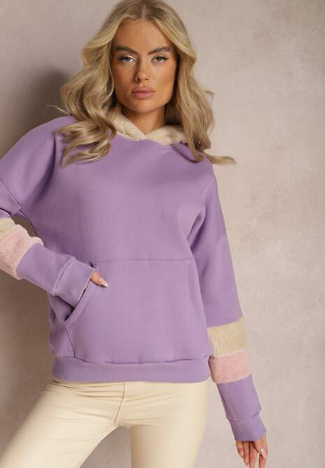 Jasnofioletowa Bawełniana Bluza z Kapturem i Wstawkami z Polaru Qilin