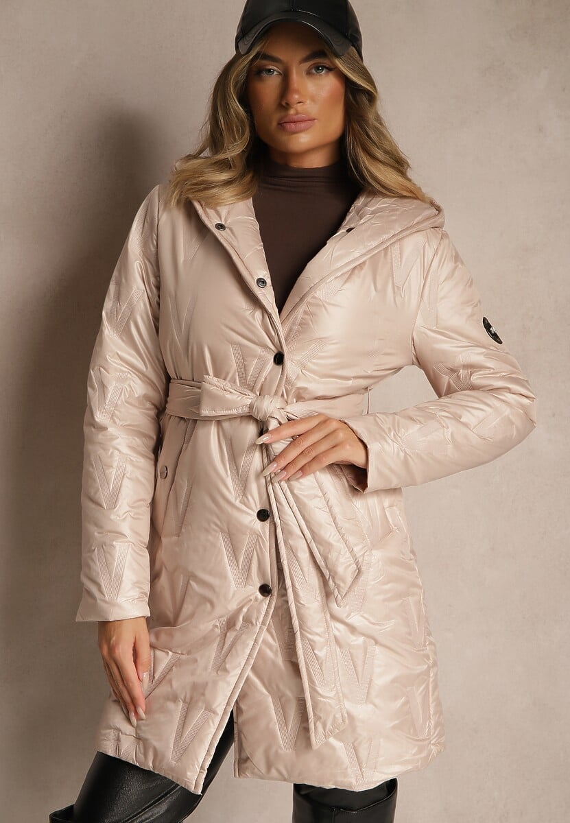 Złoto-Różowa Pikowana Kurtka z Kapturem i Wiązanym Paskiem Elladie